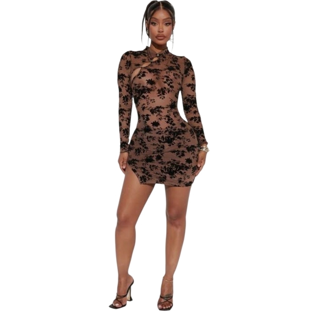 Fashion Nova | Women's Brown Floral Print Raelynn Mesh Mini Dress (Size Small)